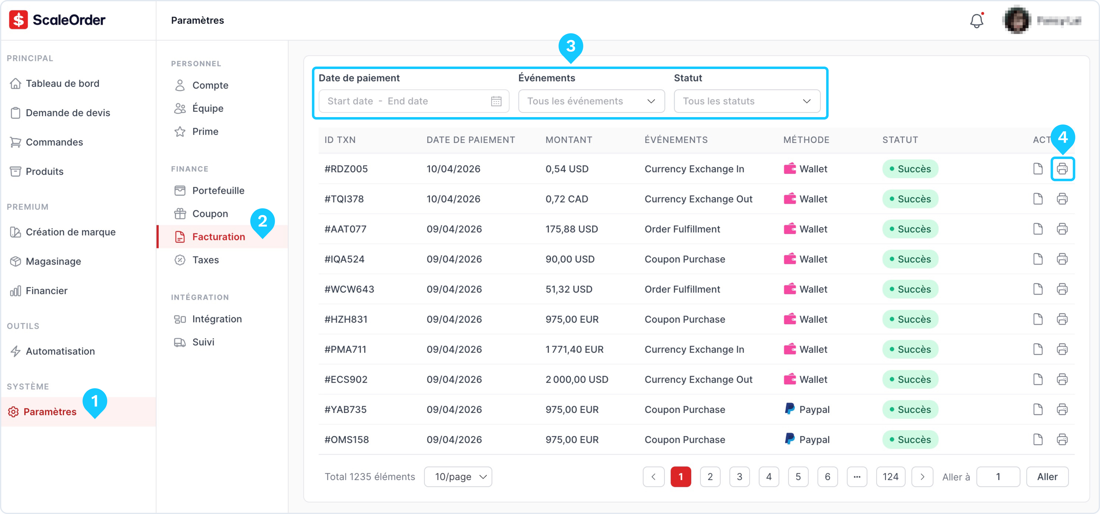 Historique de facturation et impression — ScaleOrder
