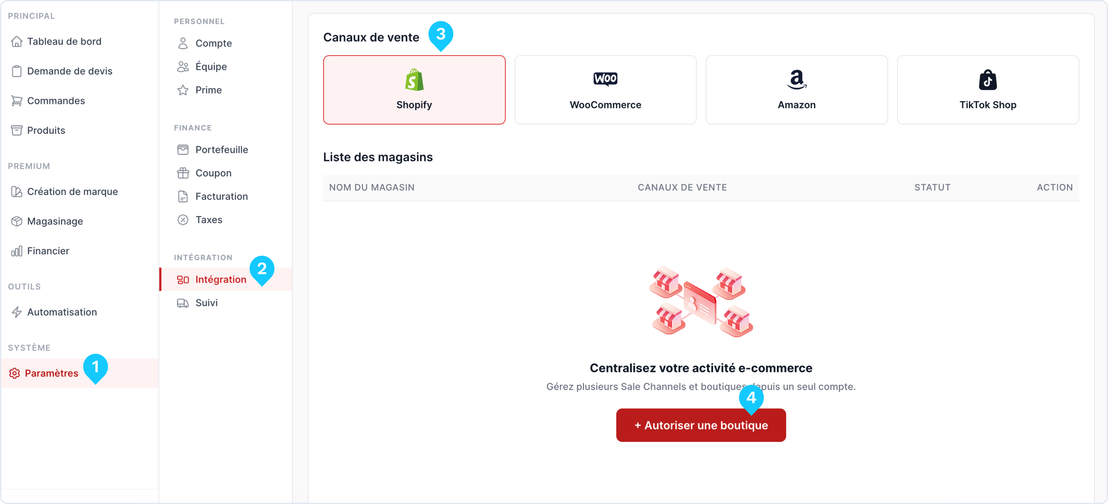 Paramètres, Intégration et autorisation de la boutique — ScaleOrder