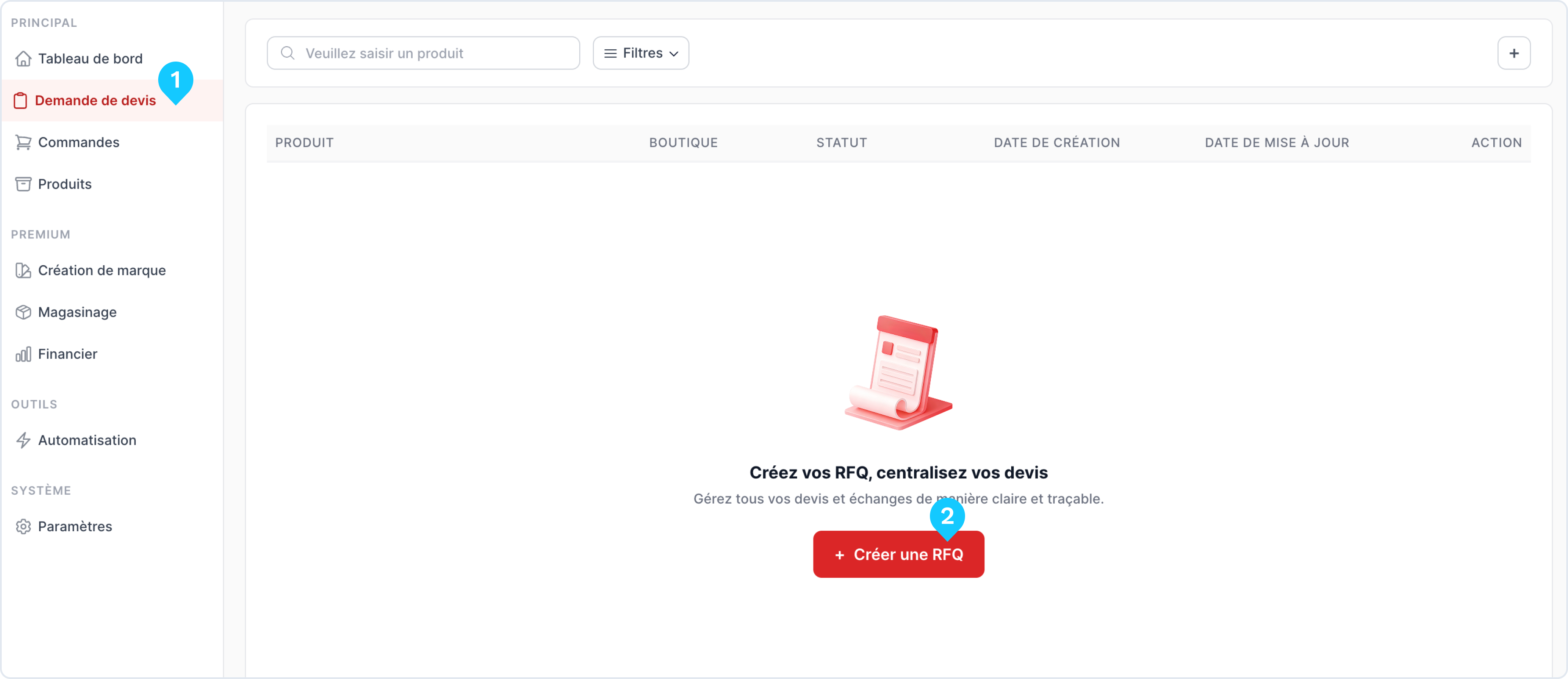 Demande de devis et création de RFQ — ScaleOrder