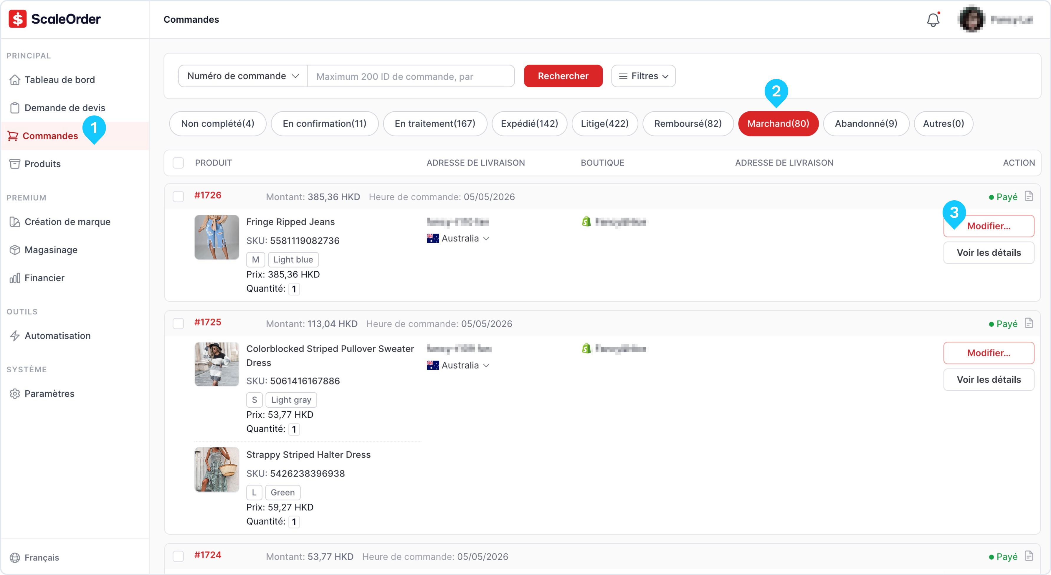 Modifier le fulfillment — page Commandes, onglet Marchand — ScaleOrder (1)
